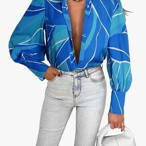 EVALESS Womens Tops Button Down Shirts Print Long Sleeve Blouses